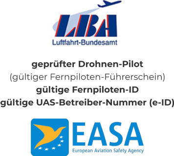 geprüfter Drohnen-Pilot(gültiger Fernpiloten-Führerschein) gültige Fernpiloten-ID  gültige UAS-Betreiber-Nummer (e-ID)